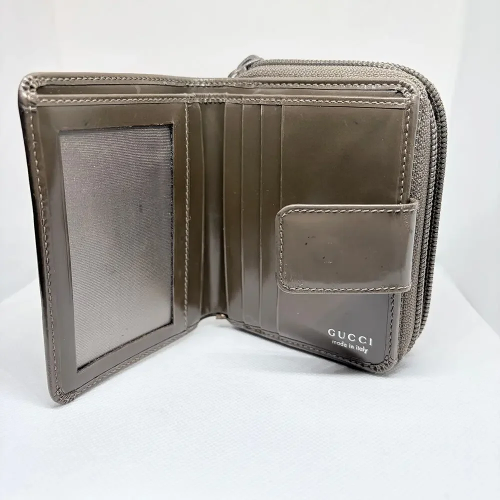 Gucci Bamboo Compact Zip Around Bifold Wallet Taupe Patent Leather